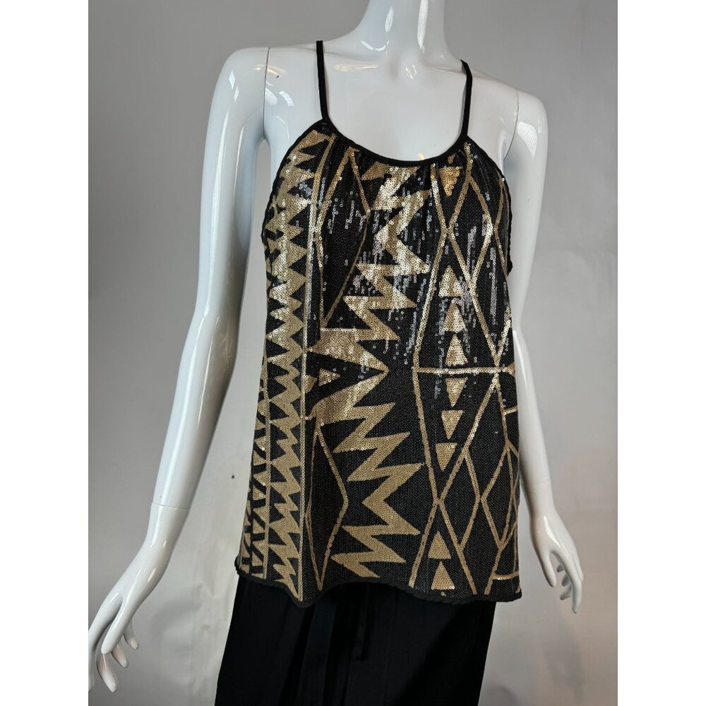 Sequined Geometric Black & Gold Tyche Halter Top Large